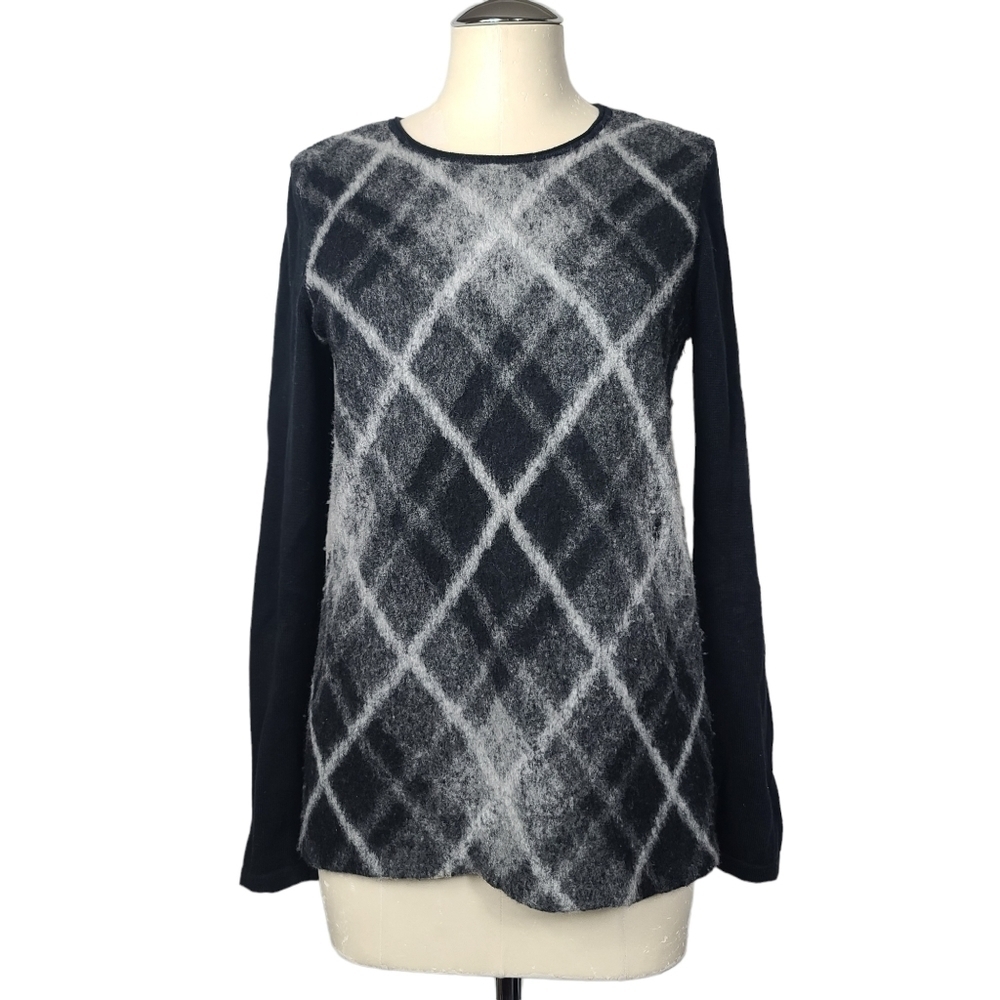 J. Jill Wool Blend Argyle Diamond Print Black Gray Sweater XS